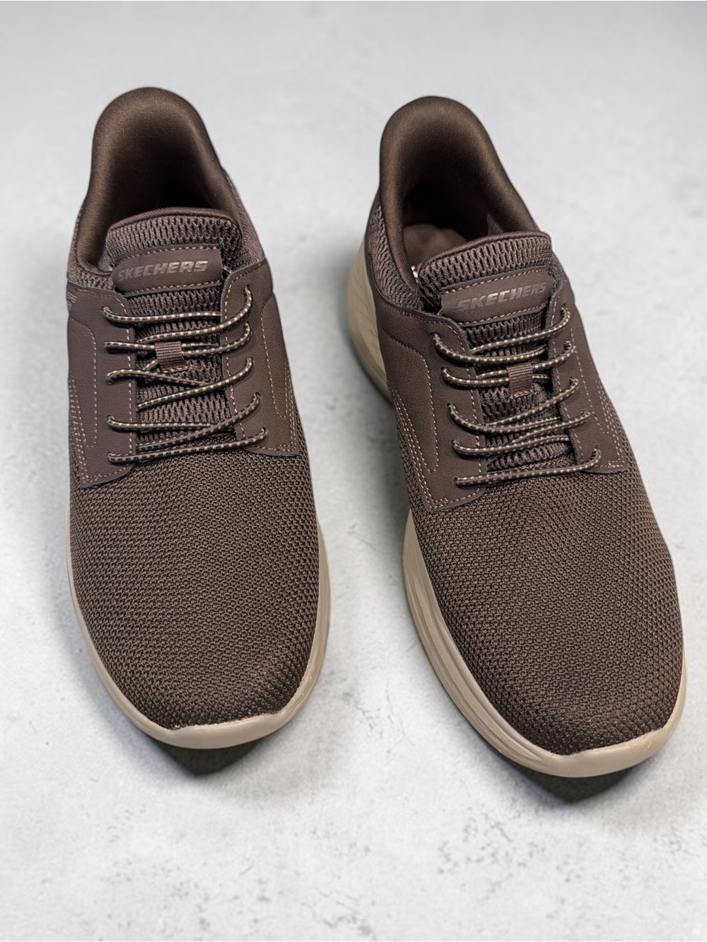 Skechers Men's Brown Knit Slip-On Athletic Sneakers with Tan Sole